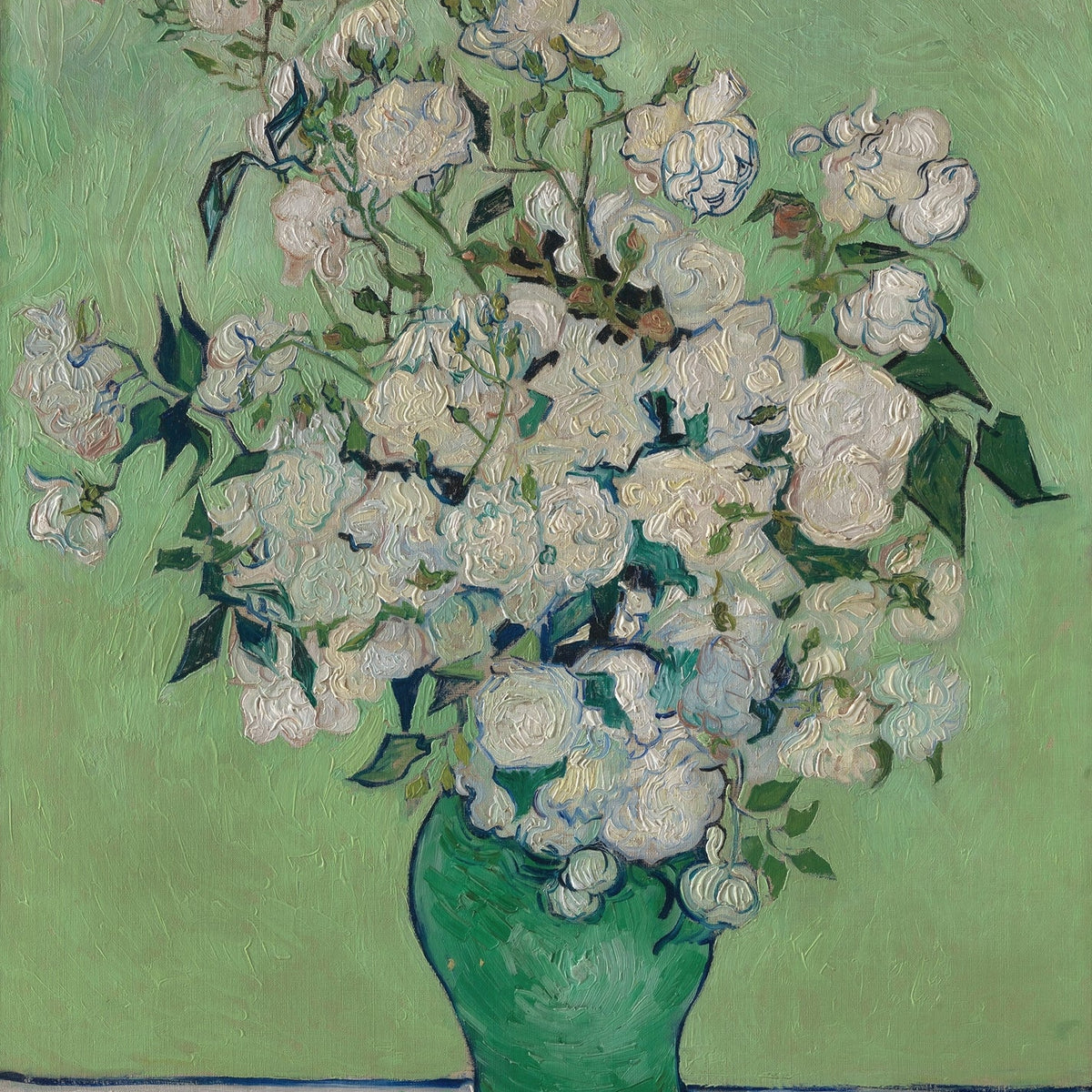 Floral Oil Painting - White Roses in Green Vase Hand - Painted - Oil Painting Haven