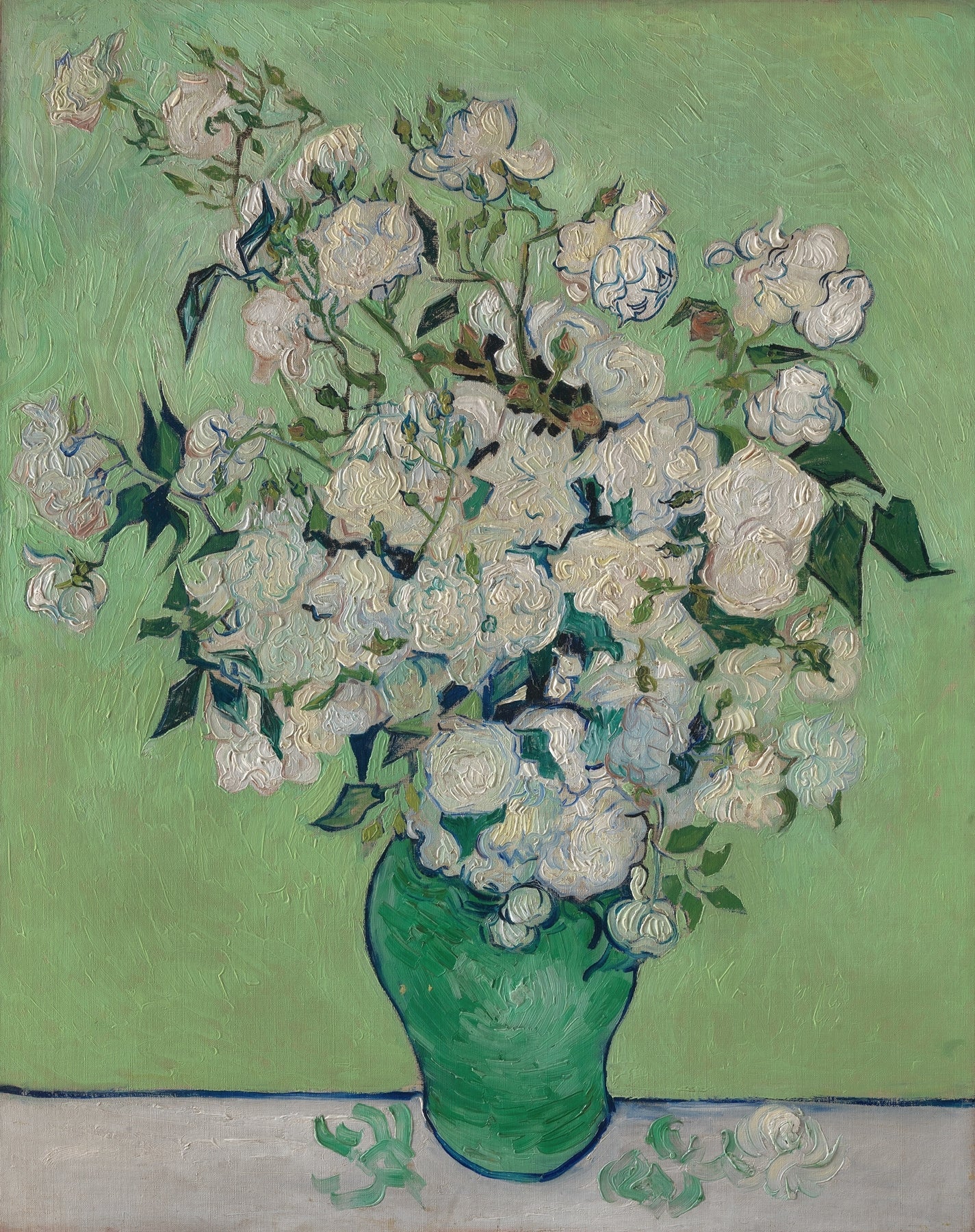 Floral Oil Painting - White Roses in Green Vase Hand - Painted - Oil Painting Haven