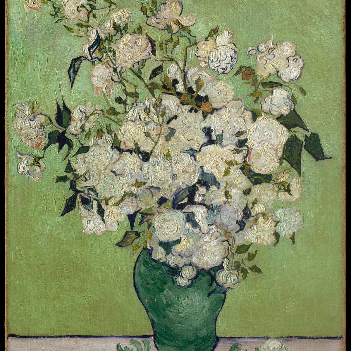 Floral Oil Painting - White Roses in Green Vase Still Life Art - Oil Painting Haven