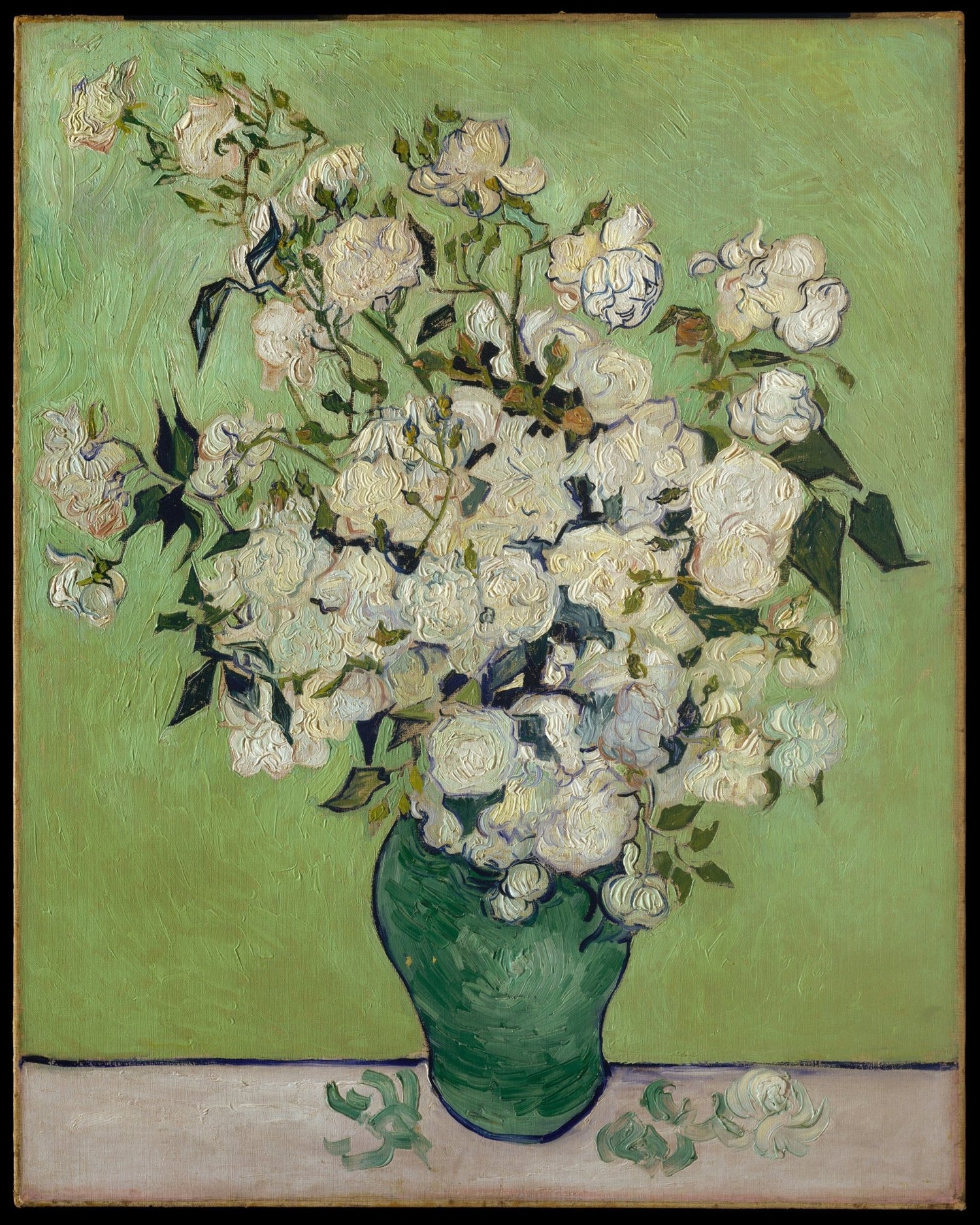 Floral Oil Painting - White Roses in Green Vase Still Life Art - Oil Painting Haven