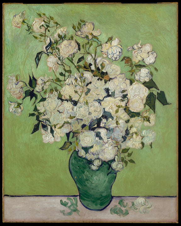 Floral Oil Painting - White Roses in Green Vase Still Life Art - Oil Painting Haven