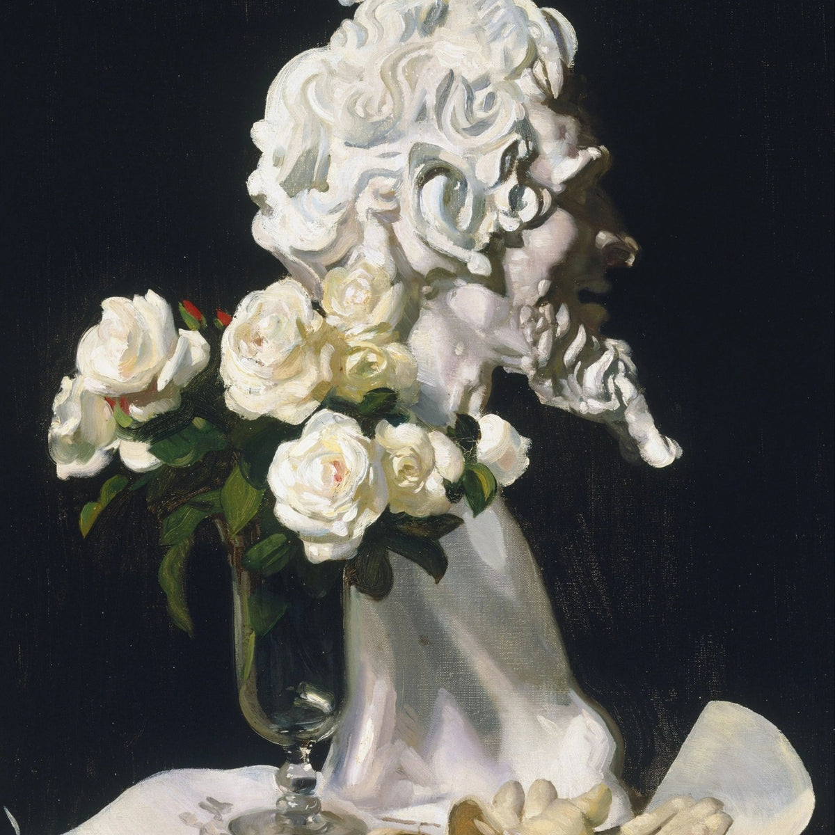 Floral Oil Painting - White Roses with Sculpture - Oil Painting Haven