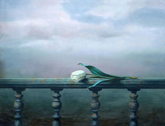 Floral Oil Painting - White Tulip on Balustrade - Oil Painting Haven