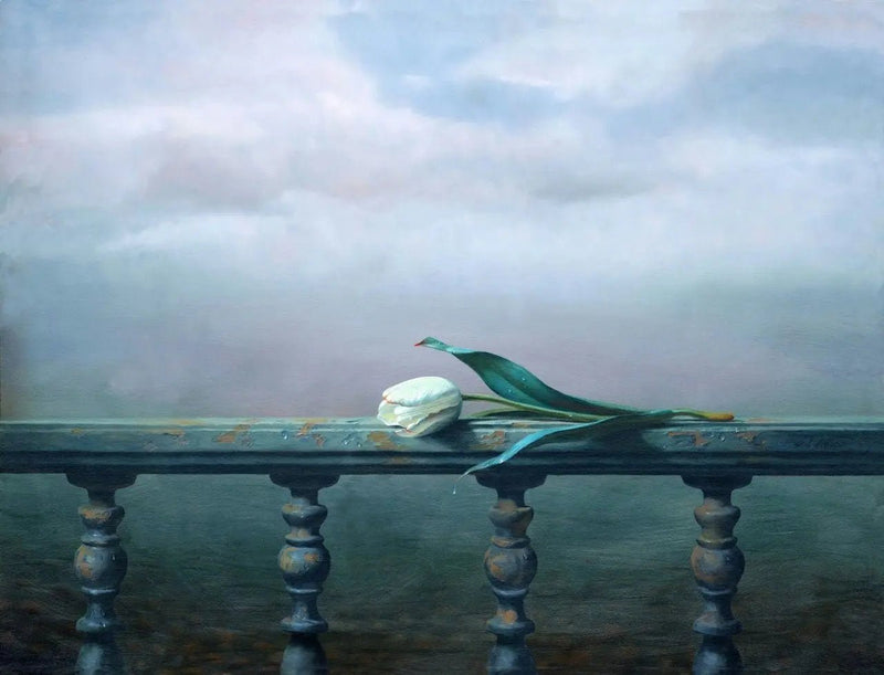 Floral Oil Painting - White Tulip on Balustrade - Oil Painting Haven