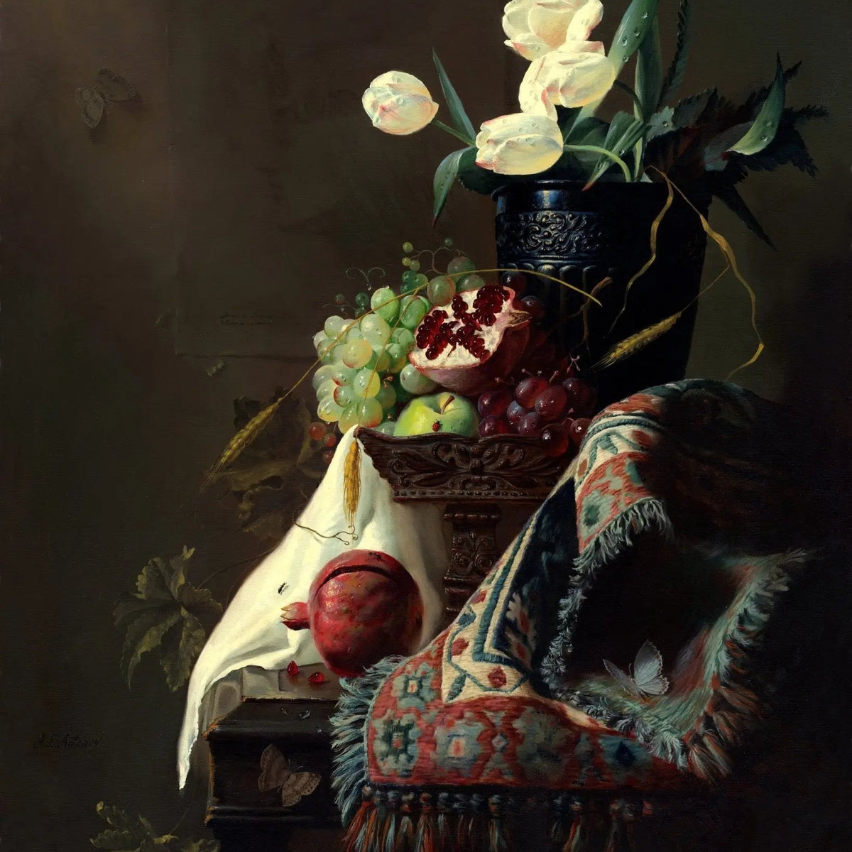 Floral Oil Painting - White Tulips with Fruits and Textiles - Oil Painting Haven