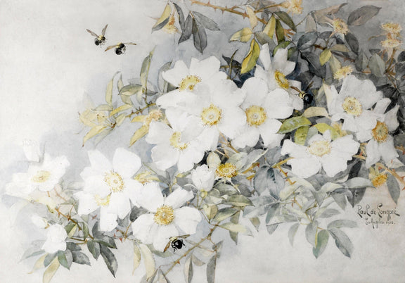 Floral Oil Painting - White Wild Roses and Bees Botanical Art - Oil Painting Haven