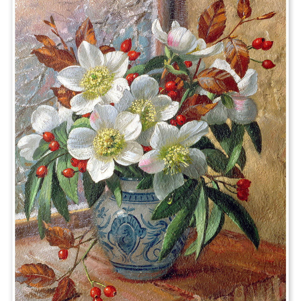 Floral Oil Painting - White Wild Roses and Red Berries in Vase