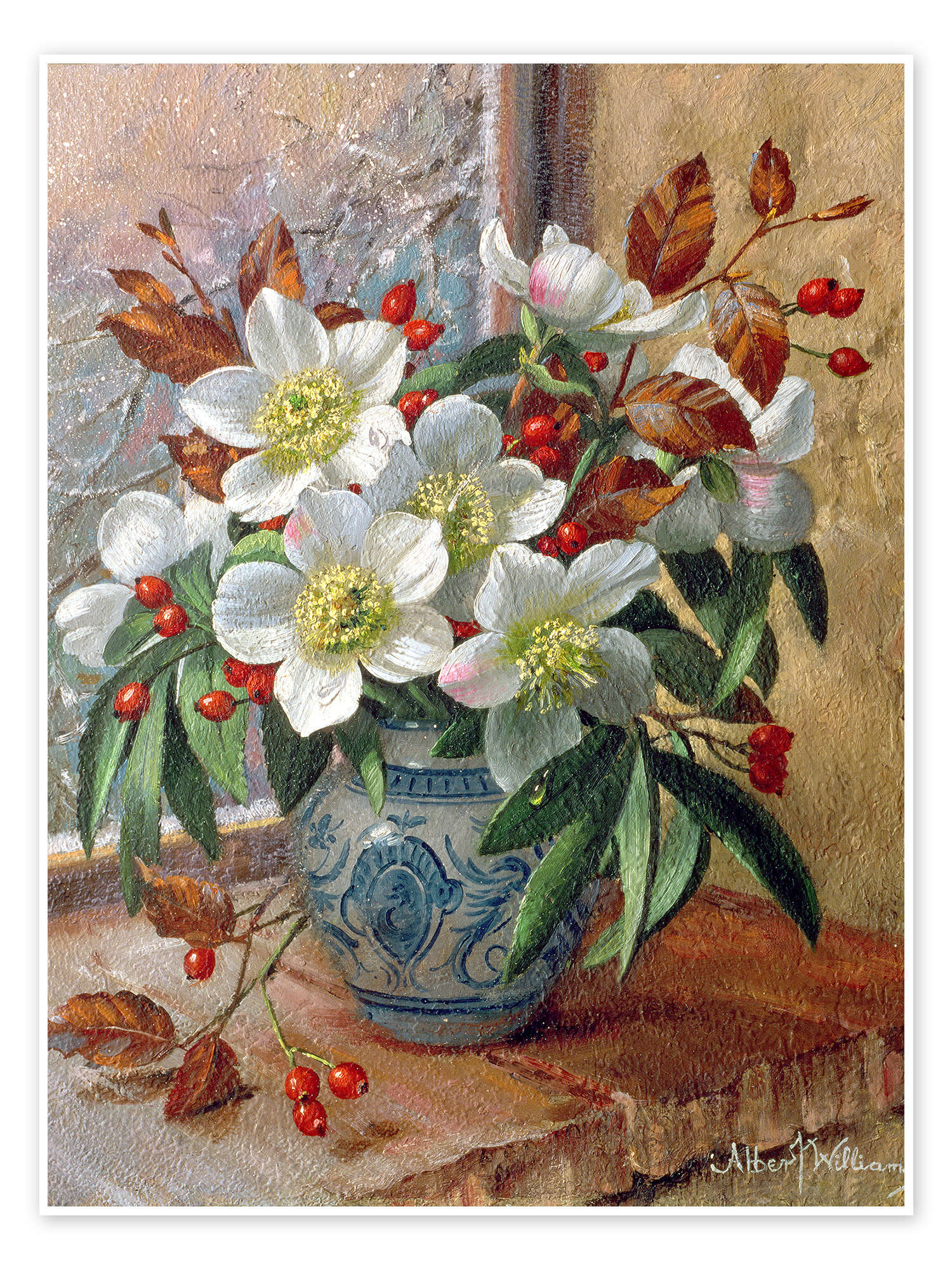 Floral Oil Painting - White Wild Roses and Red Berries in Vase