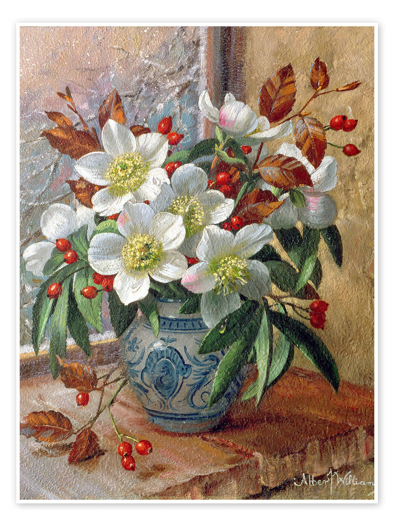 Floral Oil Painting - White Wild Roses and Red Berries in Vase