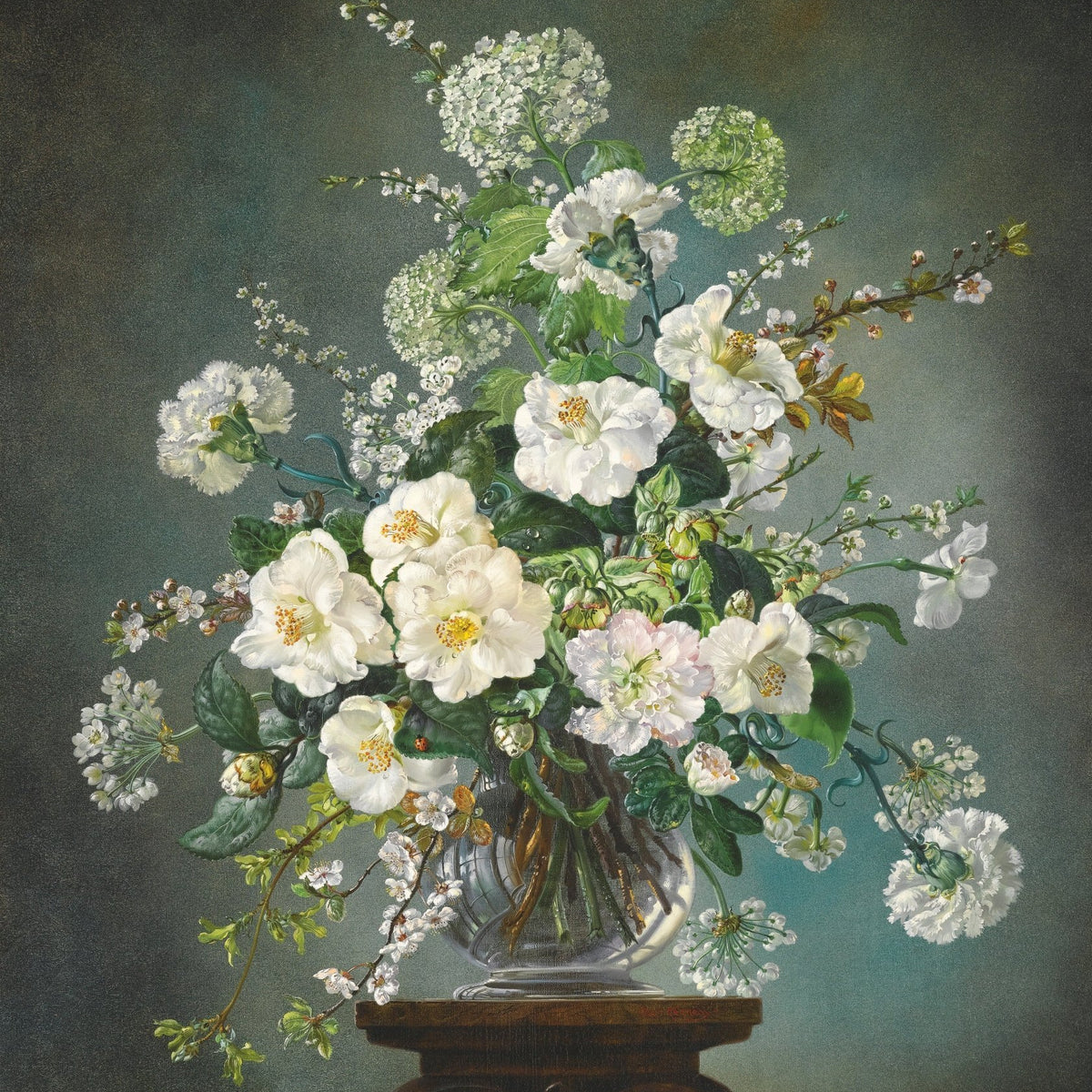 Floral Oil Painting - White Wildflowers in Glass Vase Still Life - Oil Painting Haven