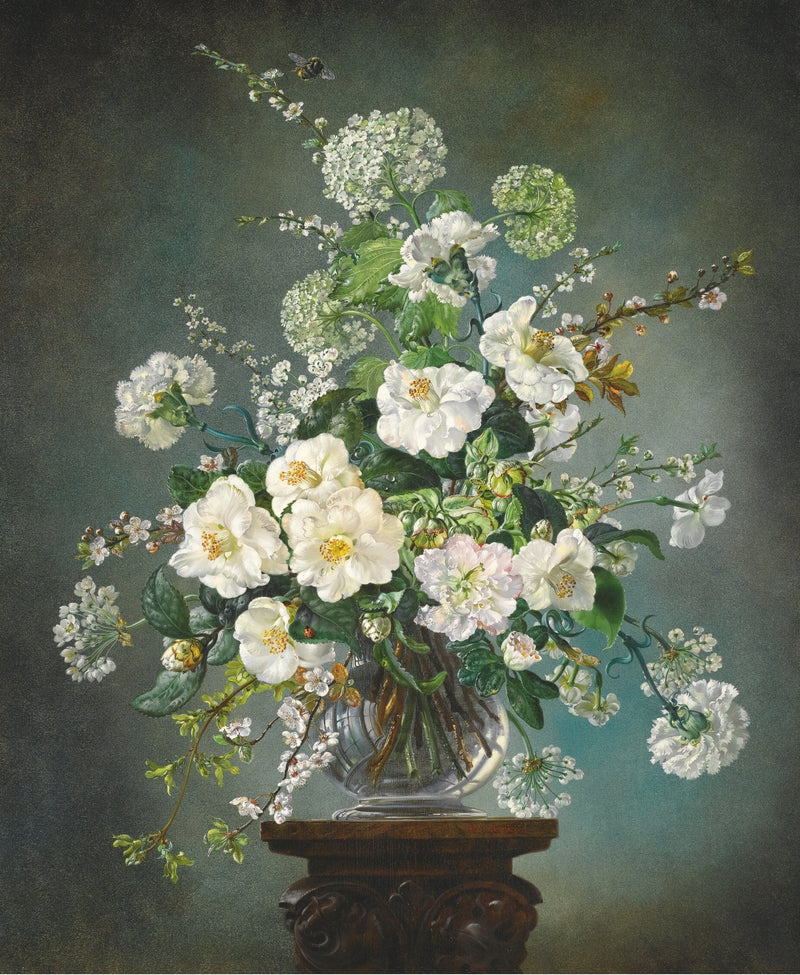 Floral Oil Painting - White Wildflowers in Glass Vase Still Life - Oil Painting Haven