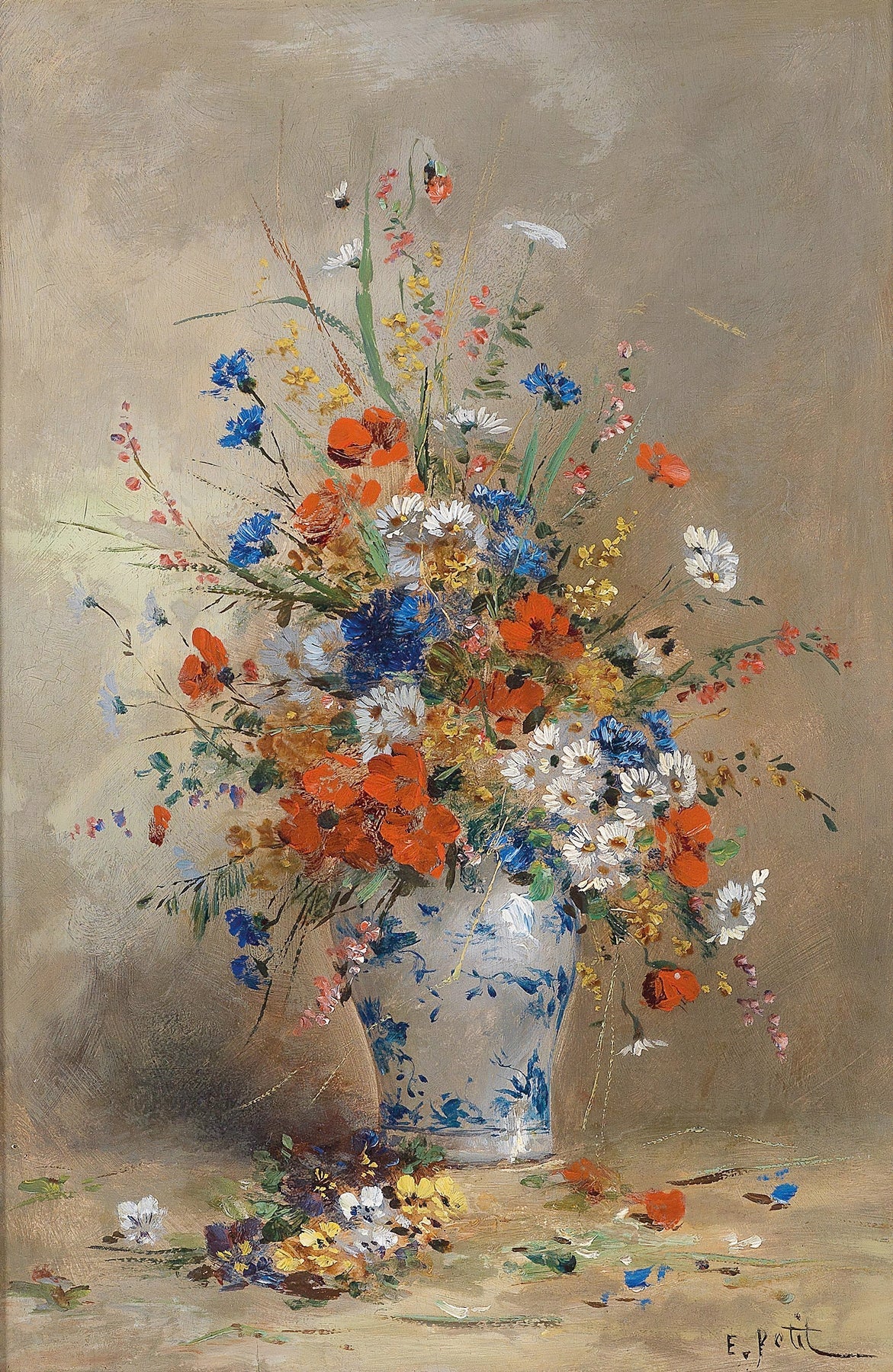 Floral Oil Painting - Wildflower Bouquet in Blue Vase - Oil Painting Haven