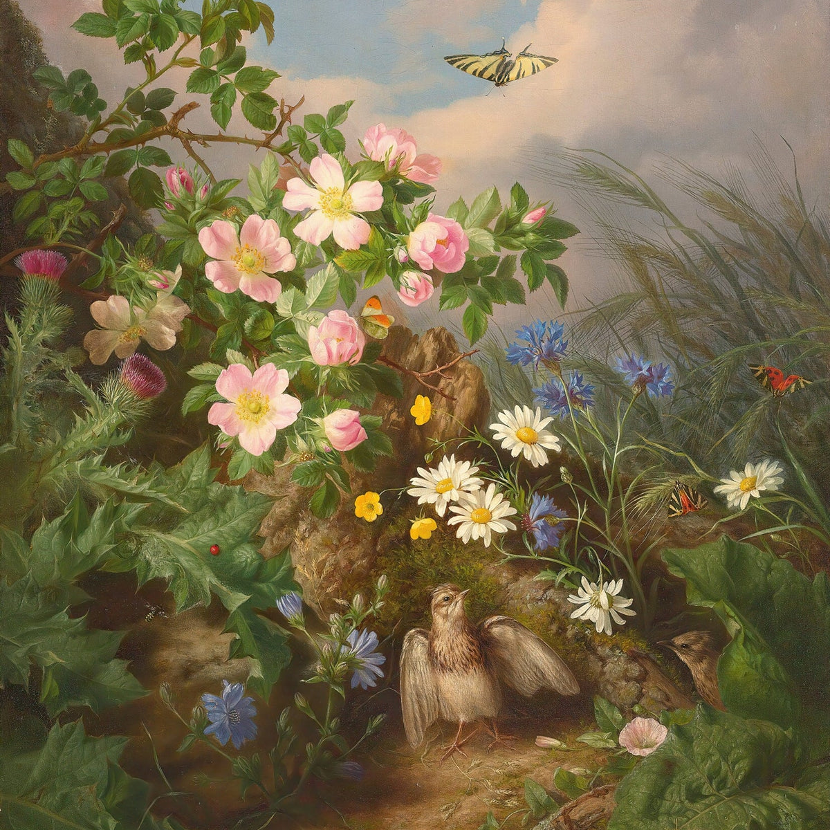 Floral Oil Painting - Wildflowers and Birds Hand - Painted Art - Oil Painting Haven