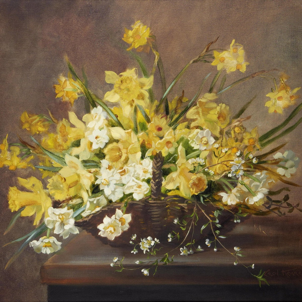 Floral Oil Painting - Yellow Daffodil Basket Still Life Art - Oil Painting Haven