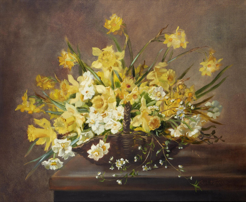 Floral Oil Painting - Yellow Daffodil Basket Still Life Art - Oil Painting Haven
