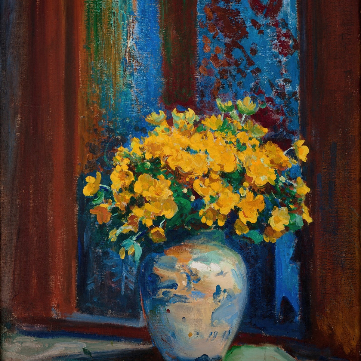Floral Oil Painting - Yellow Flower Vase Hand - Painted Canvas - Oil Painting Haven