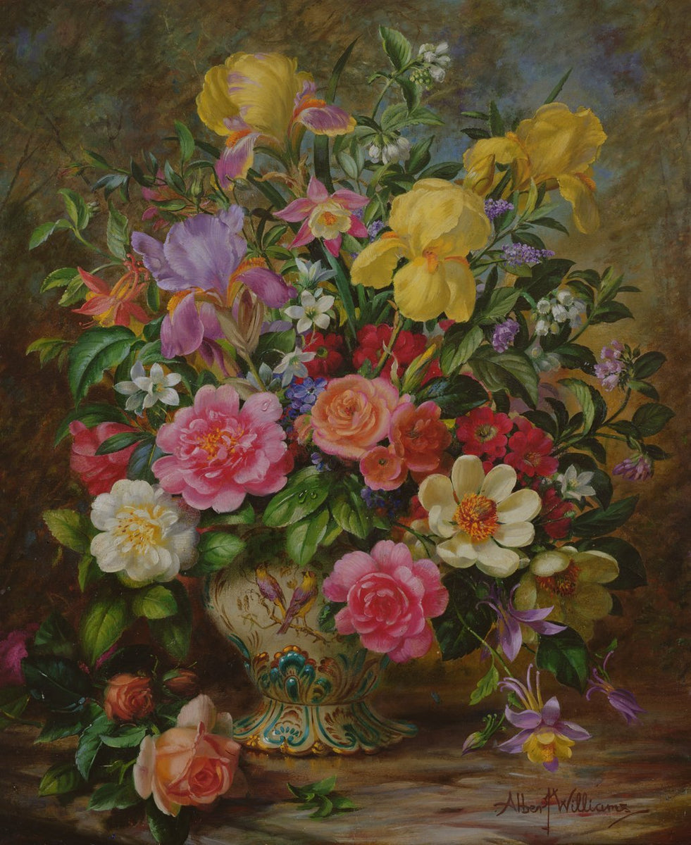 Floral Oil Painting - Yellow Irises and Pink Roses in Vase