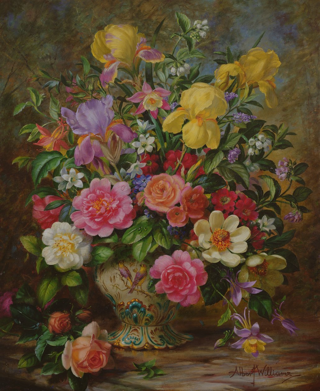 Floral Oil Painting - Yellow Irises and Pink Roses in Vase