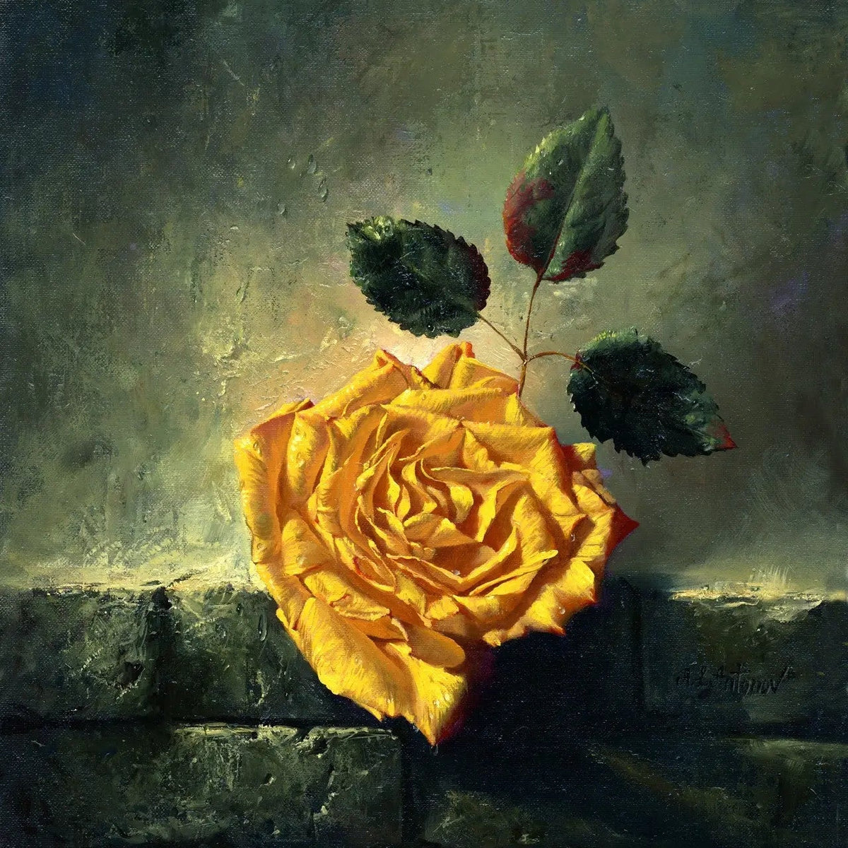 Floral Oil Painting - Yellow Rose on Stone Surface - Oil Painting Haven