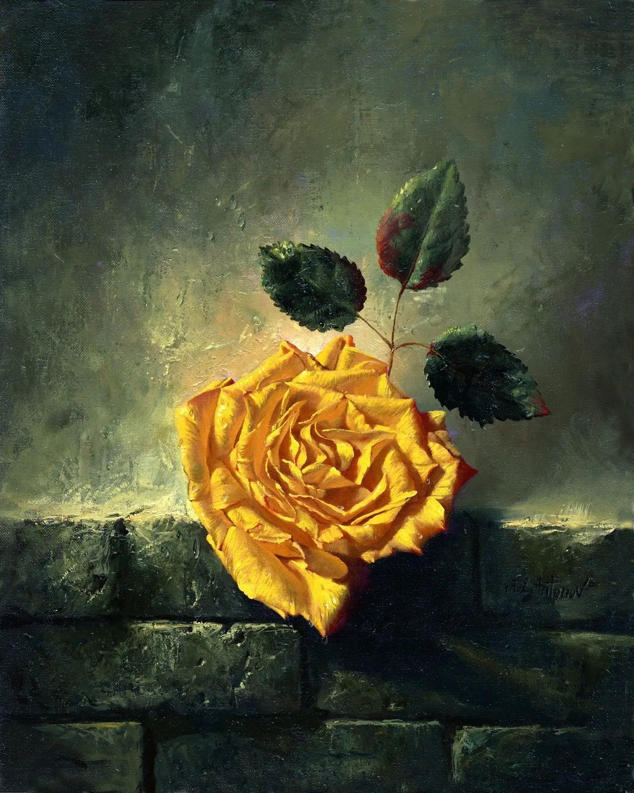 Floral Oil Painting - Yellow Rose on Stone Surface - Oil Painting Haven