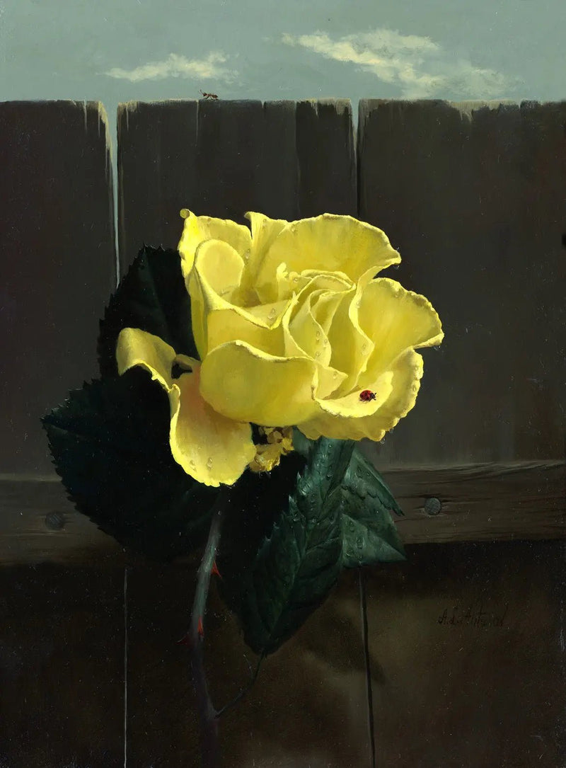 Floral Oil Painting - Yellow Rose with Ladybug - Oil Painting Haven