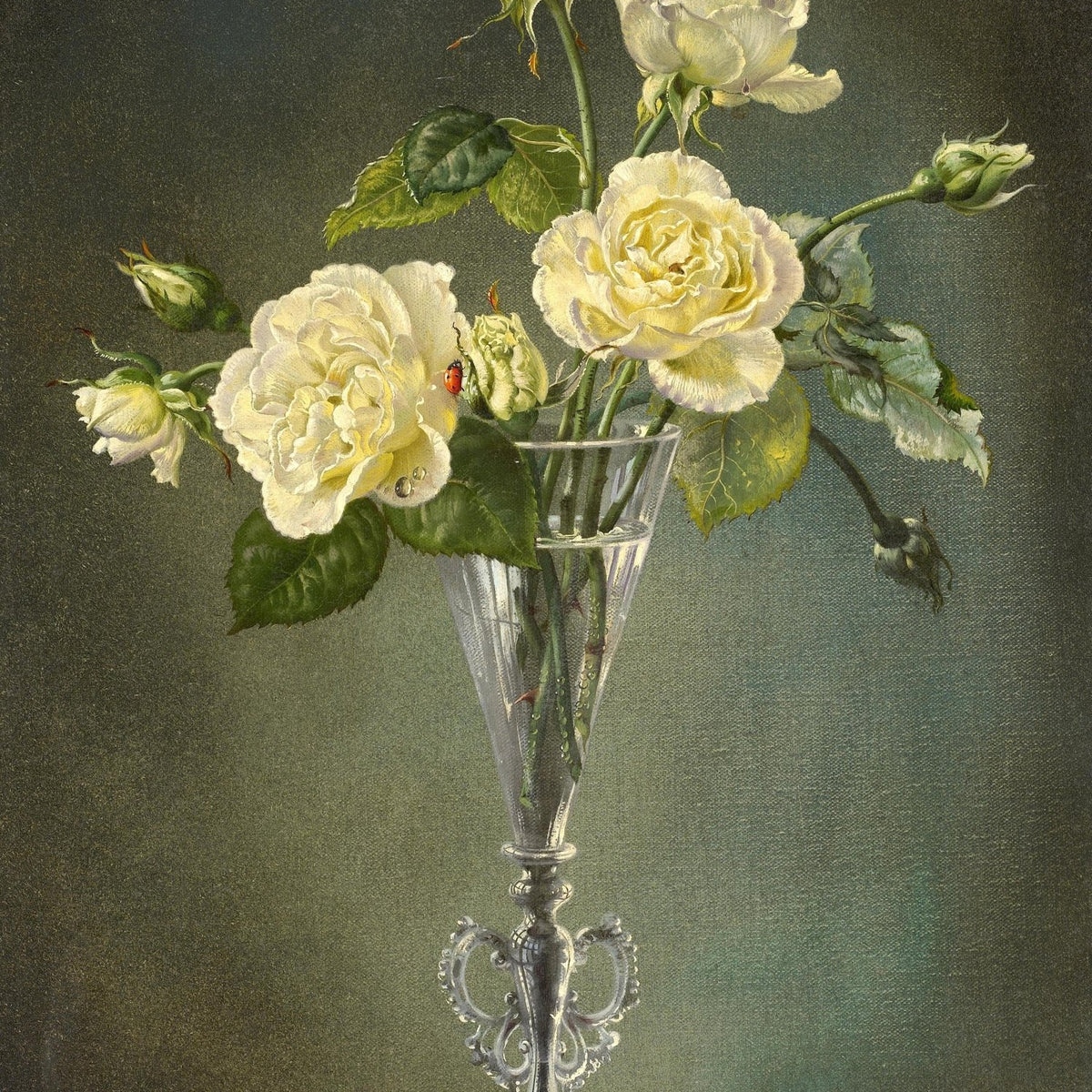 Floral Oil Painting - Yellow Roses in Crystal Vase Still Life - Oil Painting Haven