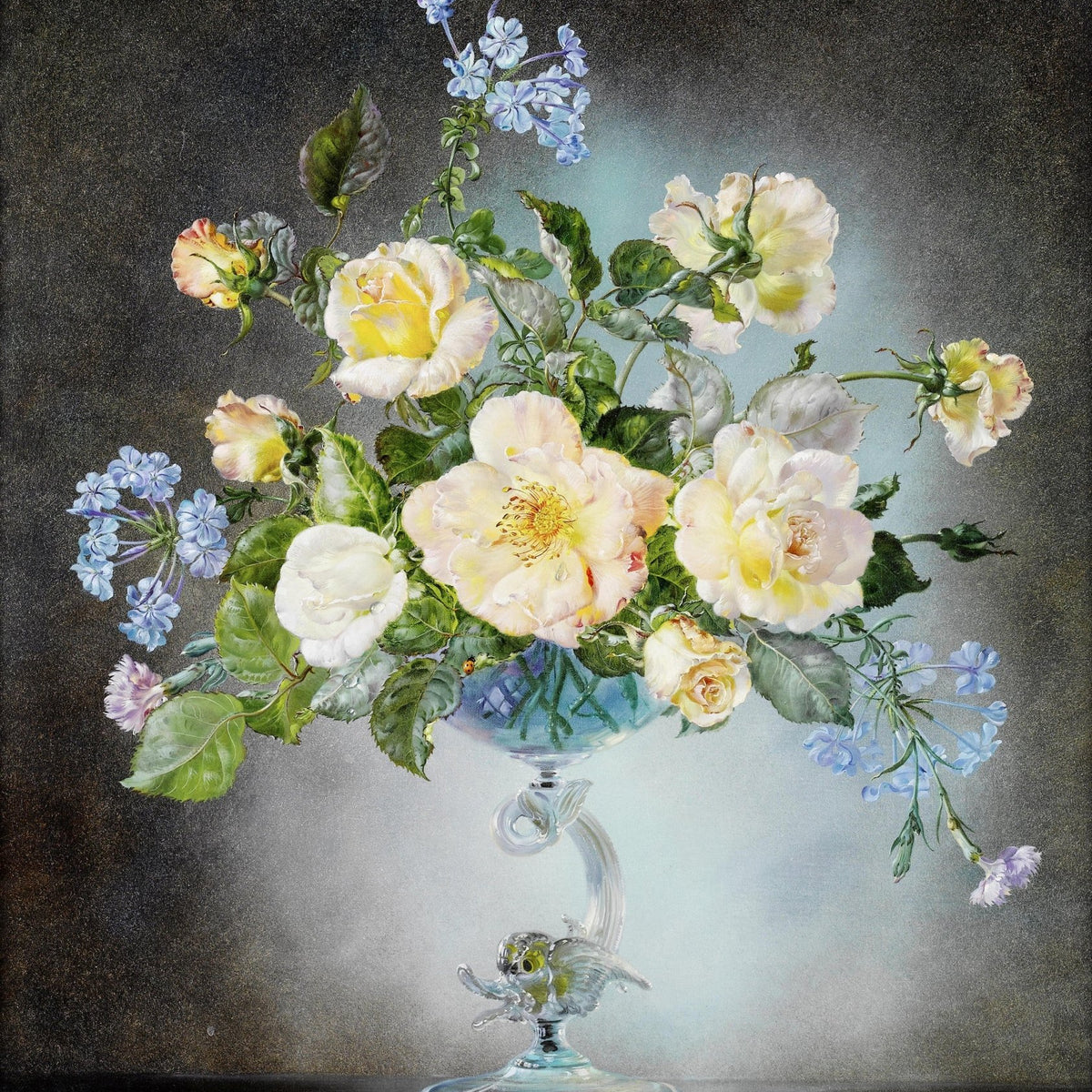 Floral Oil Painting - Yellow Roses in Crystal Vase Still Life - Oil Painting Haven