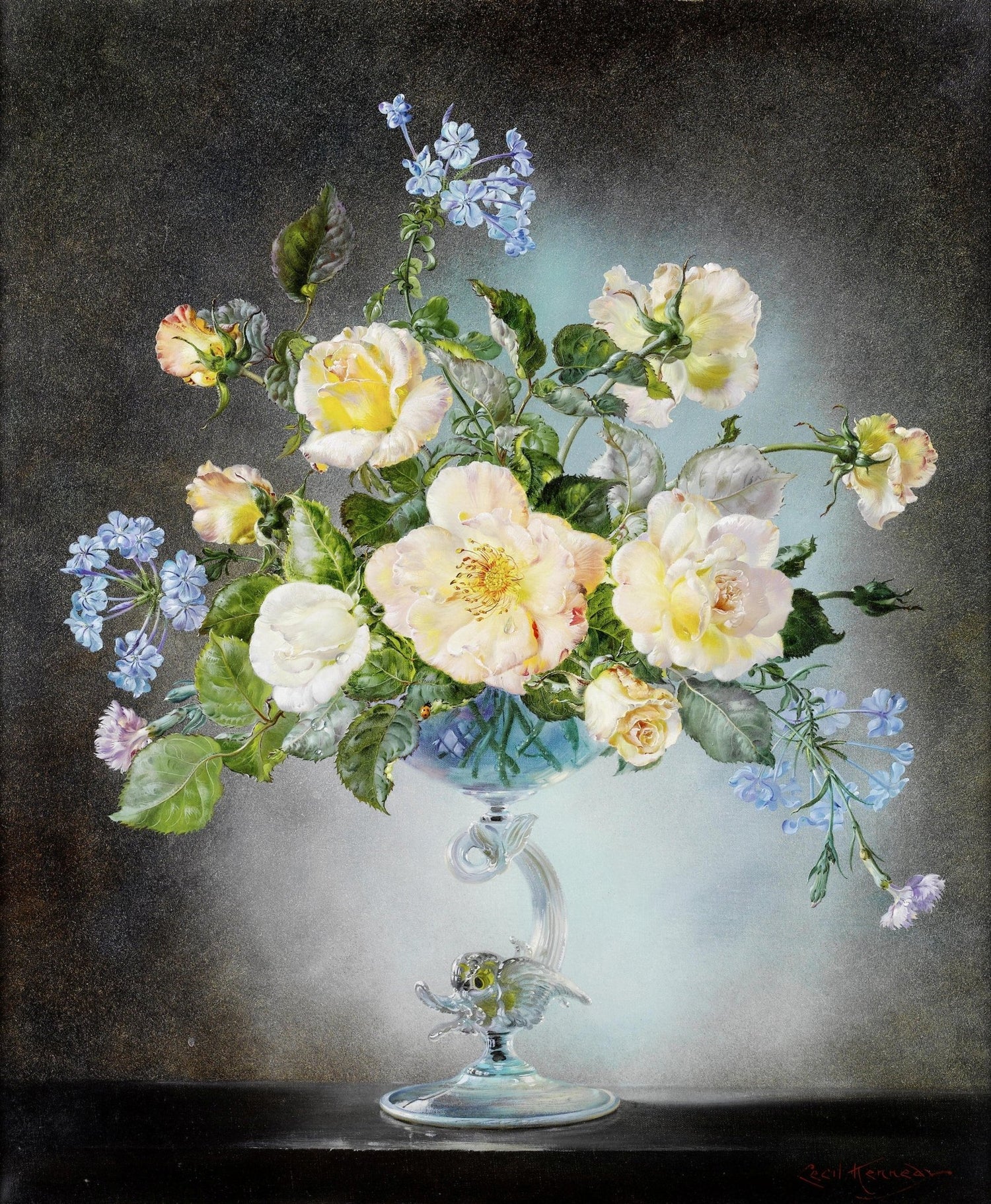 Floral Oil Painting - Yellow Roses in Crystal Vase Still Life - Oil Painting Haven