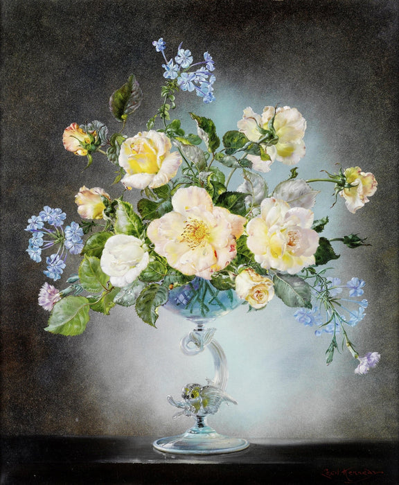 Floral Oil Painting - Yellow Roses in Crystal Vase Still Life - Oil Painting Haven