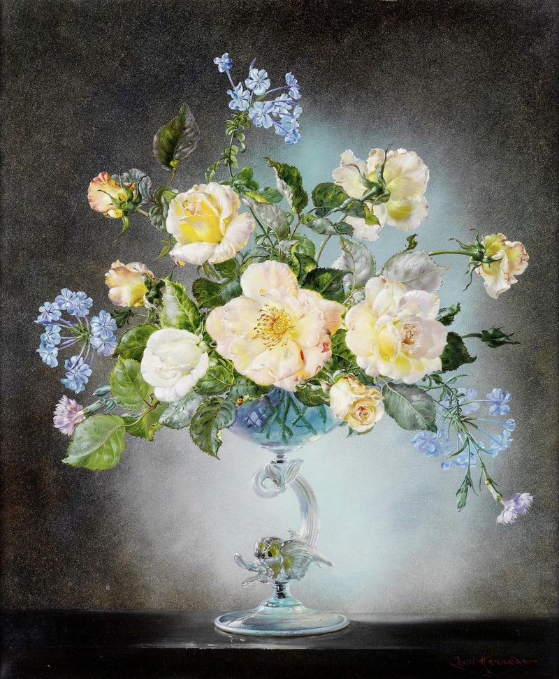 Floral Oil Painting - Yellow Roses in Crystal Vase Still Life - Oil Painting Haven