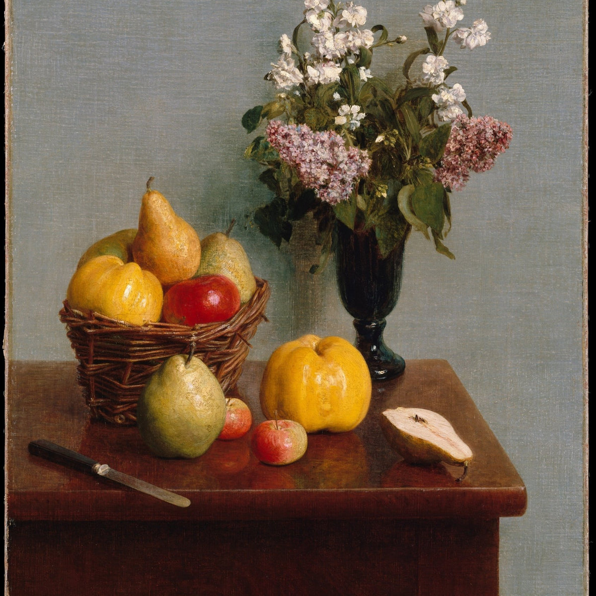 Flowers and Fruit Basket on Table - Still Life Oil Painting - Oil Painting Haven