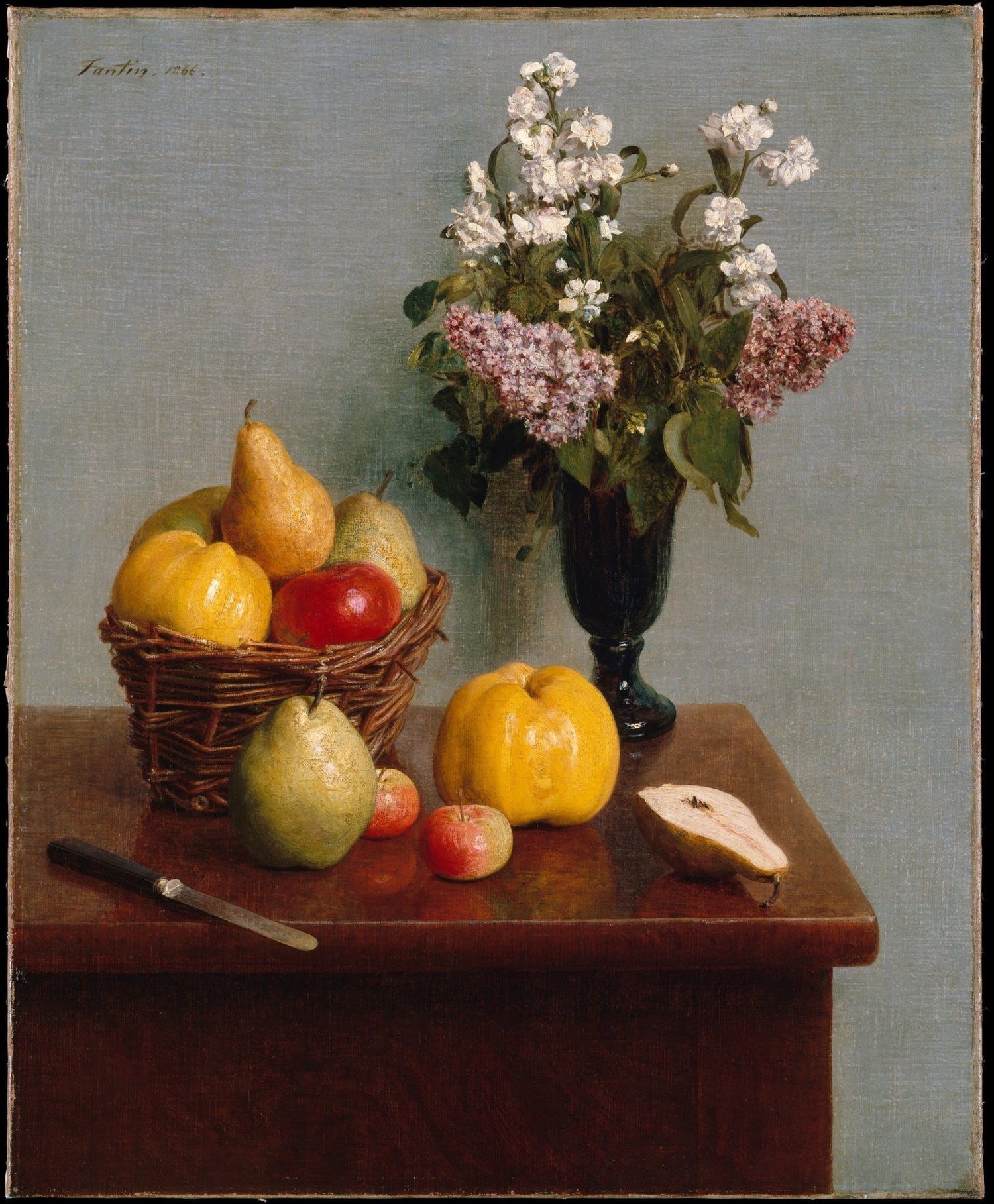 Flowers and Fruit Basket on Table - Still Life Oil Painting - Oil Painting Haven