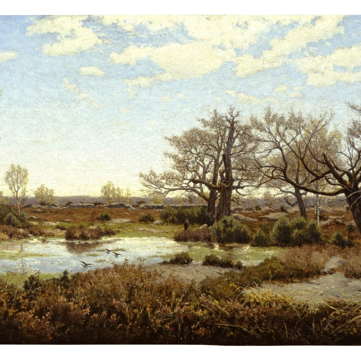 Landscape oil painting of Fontainebleau woodland pond with hand painted textured brushwork on canvas, soft sky and leafless. - Add Frame, Canvas, Country, Forest, Hand Painted, Lake, Landscape, Made To Order, Oil Painting