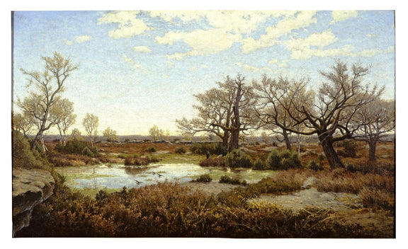 Landscape oil painting of Fontainebleau woodland pond with hand painted textured brushwork on canvas, soft sky and leafless. - Add Frame, Canvas, Country, Forest, Hand Painted, Lake, Landscape, Made To Order, Oil Painting