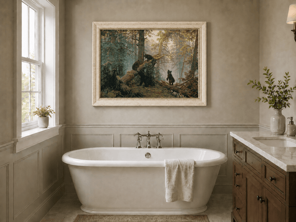 Framed hand-painted forest oil painting with bears beneath sunlit trees displayed above a freestanding bathtub.