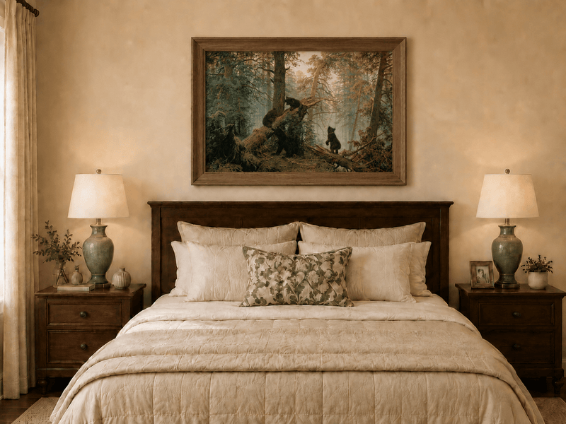 Framed hand-painted forest oil painting with bears beneath sunlit trees displayed above a wooden bed in a neutral bedroom.