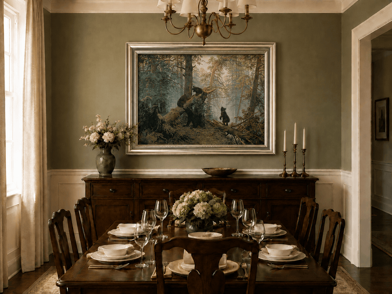 Framed hand-painted forest oil painting with bears beneath sunlit trees displayed above a formal dining table.