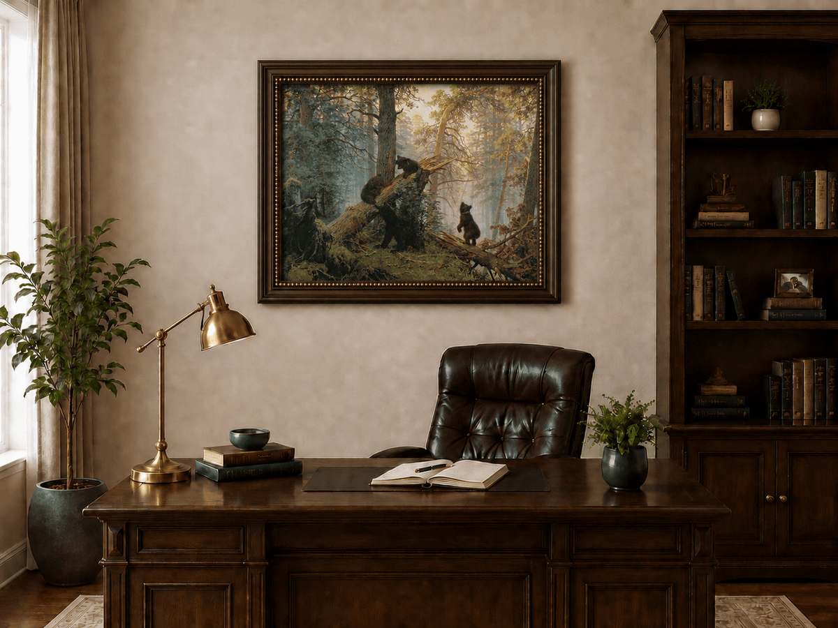 Framed hand-painted forest oil painting with bears beneath sunlit trees displayed above a traditional home office desk.