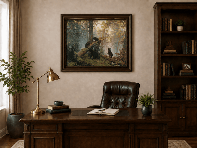 Framed hand-painted forest oil painting with bears beneath sunlit trees displayed above a traditional home office desk.