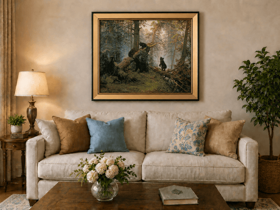 Framed hand-painted forest oil painting with bears beneath sunlit trees displayed above a neutral living room sofa.