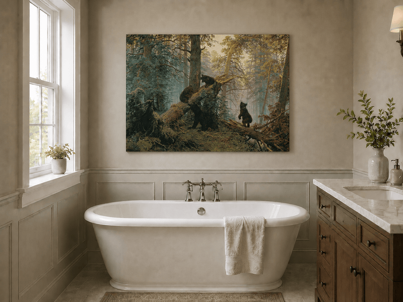 Unframed hand-painted forest oil painting with bears beneath sunlit trees displayed above a freestanding bathtub.