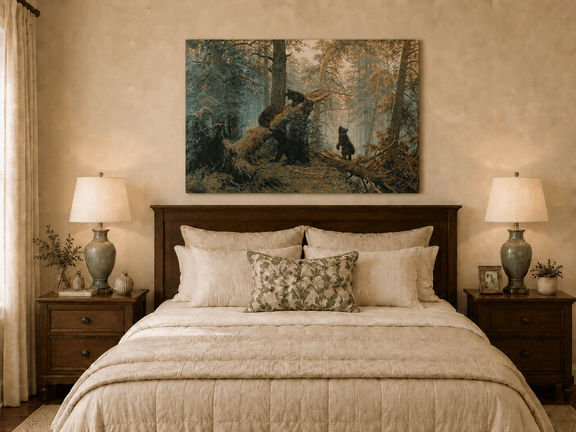 Unframed hand-painted forest oil painting with bears beneath sunlit trees displayed above a wooden bed in a neutral bedroom.