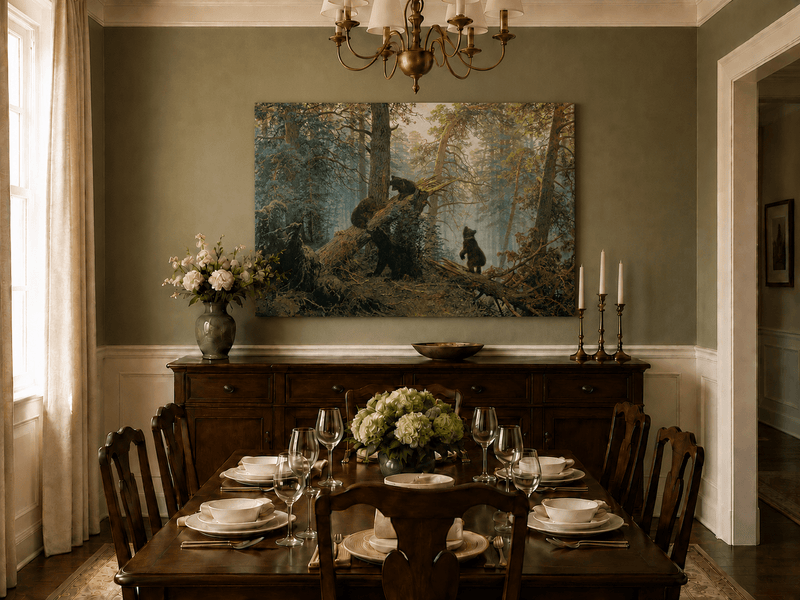 Unframed hand-painted forest oil painting with bears beneath sunlit trees displayed above a formal dining table.