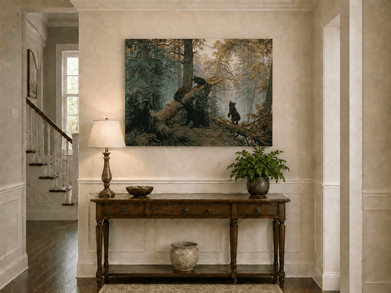 Unframed hand-painted forest oil painting with bears beneath sunlit trees displayed above an entryway console table.