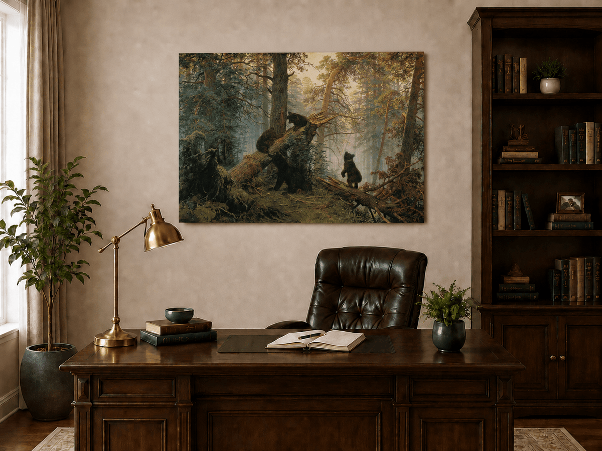 Unframed hand-painted forest oil painting with bears beneath sunlit trees displayed above a traditional home office desk.