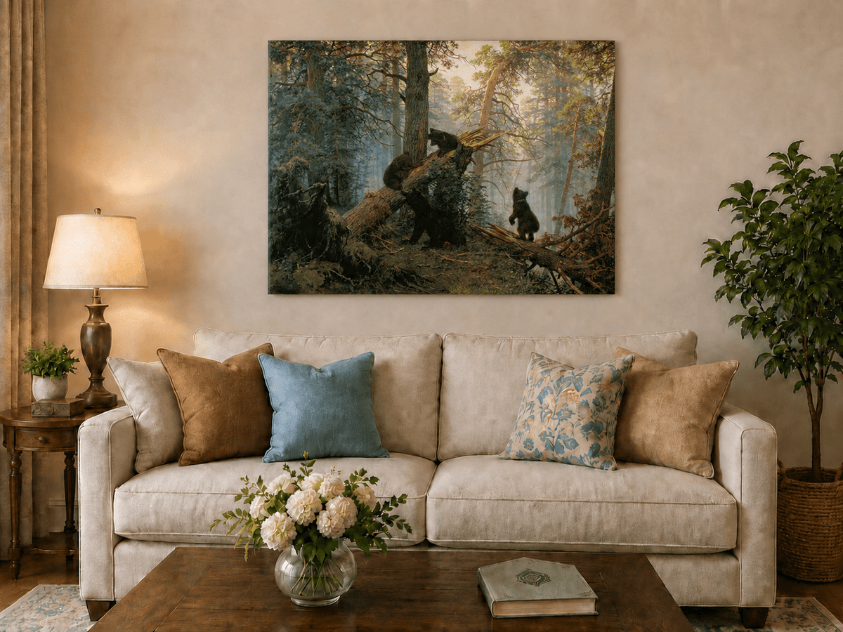Unframed hand-painted forest oil painting with bears beneath sunlit trees displayed above a neutral living room sofa.