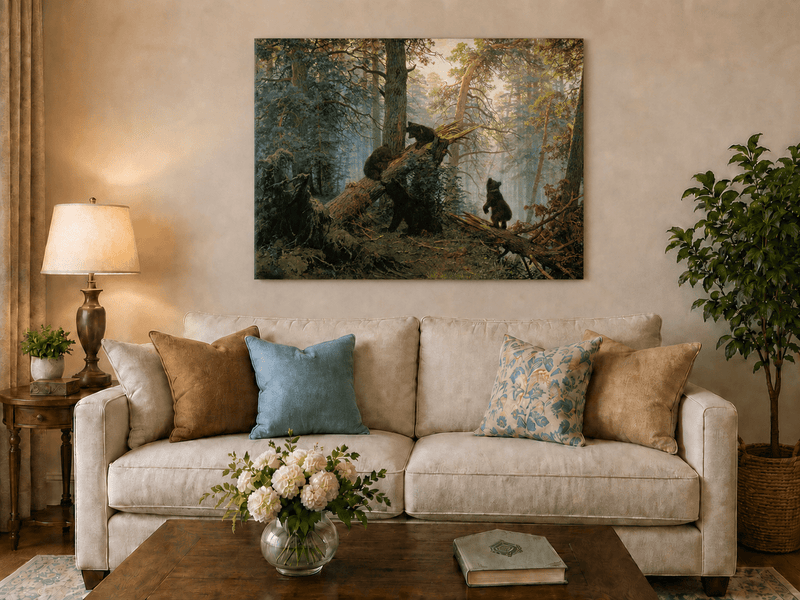 Unframed hand-painted forest oil painting with bears beneath sunlit trees displayed above a neutral living room sofa.