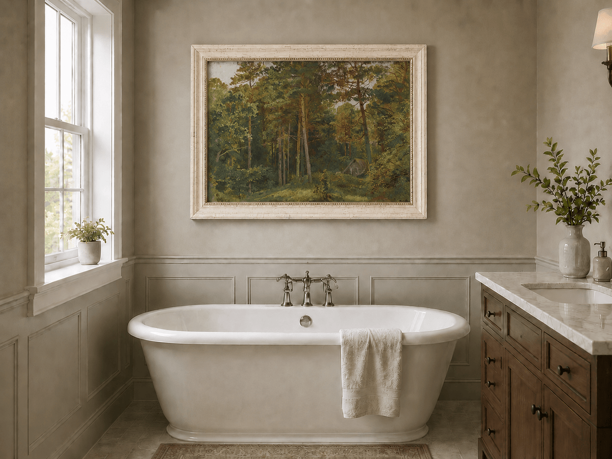 Framed hand-painted woodland oil painting with a secluded cabin among autumn trees displayed above a freestanding bathtub.