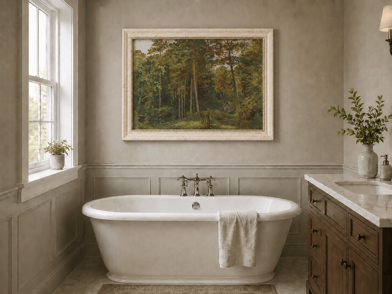 Framed hand-painted woodland oil painting with a secluded cabin among autumn trees displayed above a freestanding bathtub.