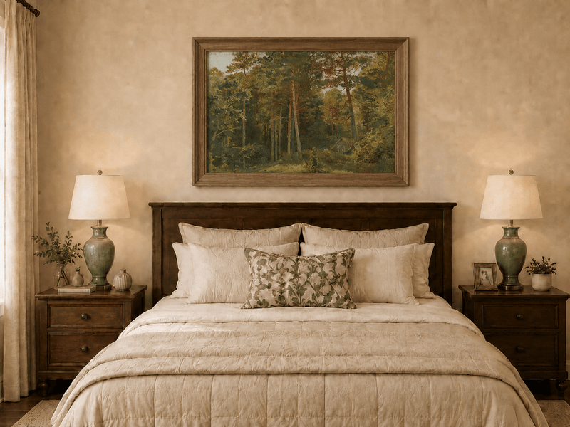 Framed hand-painted woodland oil painting with a secluded cabin among autumn trees displayed above a wooden bed in a neutral bedroom.